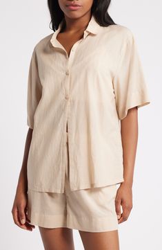 Crisp PJs with a collared short-sleeve shirt and elastic-waist shorts are ones you'll want to wear all weekend long. 26 1/2" length top; 2 1/2" inseam; 31" leg opening; 12 1/2" front rise; 16" back rise (size Medium) Top has front button closure; notched collar; short sleeves; chest patch pocket Shorts have elastic waist 55% cotton, 45% viscose Machine wash, tumble dry Imported Relaxed Short Sleeve Shirt For Daywear, Short Sleeve Shirt For Loungewear, Beige Summer Shirt For Loungewear, Relaxed Fit Short Sleeve Camp Shirt For Daywear, Summer Blouse With Johnny Collar In Relaxed Fit, Beige Shirt For Summer Loungewear, Relaxed Fit Collared Short Sleeve Shirt For Daywear, Summer Blouse With Johnny Collar And Relaxed Fit, Summer Johnny Collar Blouse With Relaxed Fit