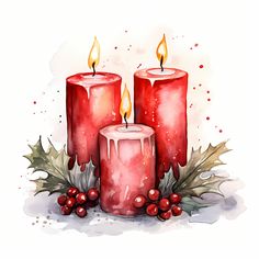 two red candles with holly and berries on the side, surrounded by watercolor paint