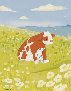 a painting of a brown and white cow sitting in a field with wildflowers