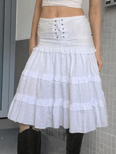 Low Waist Lace Up Cutout Midi Skirt - AnotherChill Skirts Y2k, Long Tiered Skirt, Y2k Rock, Ruffle Skirts, Midi Skirt Casual, White Long Skirt, Skirt Casual, Vintage Elements, Outfits Y2k