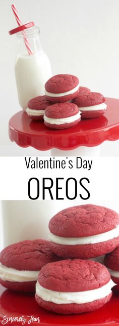 valentine's day oreos on a red plate with milk