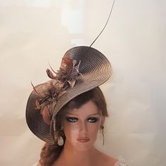 Large Brown Hat Fascinator with long Quill Feather and Flowers, perfect for Royal Ascot, Kentucky Derby, Weddings Goodwood revival, Christening, Ascotor any special occasion. Gorgeous Brown straw weave Hat fascinator long quill feather and Silk flowers This hat has been made by hand and very light to wear. This hat is designed to be worn tilted on the side of the head with  long Quill feathers and Feather detail for a beautifull Glamorous look. Attachment option: Alice band (BY DEFAULT HEADBAND WILL BE BLACK SATIN COVERED. IF YOU LIKE TO HAVE IN BROWN PLEASE ADDA NOTE AT CHECKOUT) Elegant Brown Hat For Garden Party, Brown Hat For Kentucky Derby And Party, Elegant Brown Straw Hat For Kentucky Derby, Elegant Brown Boater Hat With Snug Fit, Elegant Fitted Brown Boater Hat, Elegant Brown Top Hat For Kentucky Derby, Elegant Brown Top Hat With Curved Brim, Brown Hats For Kentucky Derby Wedding, Fitted Brown Costume Hats And Headpieces For Party