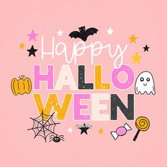 the words happy halloween written in colorful lettering on a pink background with spooky stars