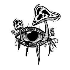 an eye with mushrooms on it's head is drawn in black and white ink