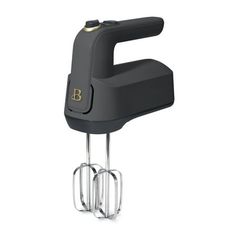 a black kitchen mixer with the letter b on it's side and two metal attachments