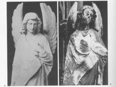 two pictures of angel statues one is black and white the other is gray in color