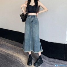 Orcajump - Vintage-inspired High-Waisted Denim Mermaid Skirt with a Stylish Hem Design Denim Mermaid Skirt, Fishtail Skirt, Mermaid Skirt, High Waisted Denim, High Waisted Skirt, Vintage Inspired, Mermaid, High Waisted, Skirt