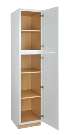 a white cabinet with two doors open and shelves on both sides, in front of a white background