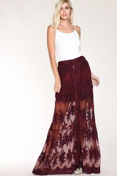 Embroidered Burgundy Sexy Mesh Lace Maxi Skirt Fantasy Skirt, Lace Maxi Skirt, Mesh Maxi Skirt, New Style Tops, Embroidery Skirt, Maxi Lace Skirt, Chic Skirts, Scallop Hem, Sheer Skirt