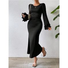 Embrace Sophistication With This Black Bodycon Dress, Crafted To Make An Elegant Statement. Featuring A Round Neckline And Long Flare Sleeves, It Combines Refined Details With Modern Flair. The Contrast Mesh Accents, Ruched Bodice, And Ruffle Hem Add A Touch Of Dramatic Charm, While The Natural Waistline And Mermaid-Shaped Hem Create A Flattering Silhouette. Made From Medium-Stretch Knitted Fabric, This Long Dress Offers A Regular Fit That Moves Comfortably With You. The Non-Sheer Design Ensures Elegant Dresses With Mermaid Hem For Fall, Elegant Mermaid Hem Dress For Fall, Fitted Solid Color Evening Dress For Cocktail, Fitted Solid Color Cocktail Evening Dress, Elegant Stretch Maxi Dress For Party Season, Elegant Ruched Maxi Dress With Mermaid Hem, Black Fitted Maxi Dress With Mermaid Hem, Elegant Formal Bodycon Dress With Mermaid Hem, Elegant Ruched Bodycon Dress For Fall