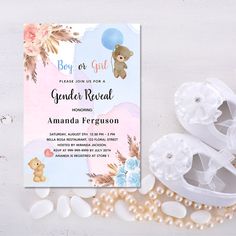 Gender reveal pampas grass teddy bear pink blue invitation Invitation Bear Theme, Baby Shower Teddy Bear, Bear Pink, Blue Invitation, Luxury Invitation, Teddy Bear Baby Shower