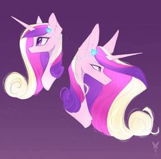 two pink and purple unicorns with long hair