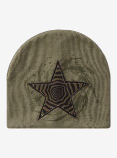 Look like a total star with this cozy beanie on! It features a forest green knit with a grungy spiral star patch at the center and more star details around.100% acrylicImported Cozy Green Beanie Hat, Cat Beanie Star, Green Beanie For Streetwear, Brown And Green Cat Beanie, Forest Green Beanie, Right Arrow Icon, Core Wardrobe, Location Icon, Cold Weather Accessories