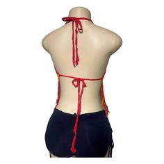 Red Sleeveless Swimwear For Festivals, Rave Festival Triangle Top Swimwear, Rave Festival Swimwear With Triangle Top, Bohemian Fitted Swimwear For Music Festival, Fitted Bohemian Swimwear For Music Festival, Bohemian Backless Swimwear For Festival, Fitted Halter Top For Festivals, Beachwear Style, Yellow Halter Neck Top For Festival, Fitted Fringe Swimwear For Festivals