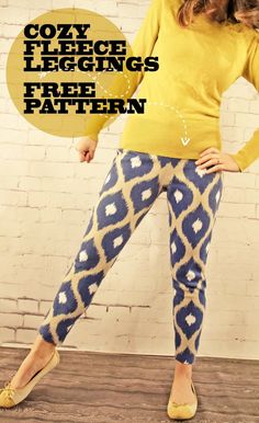 a woman in yellow sweater and blue patterned leggings with text overlay that reads cozy fleeies free pattern