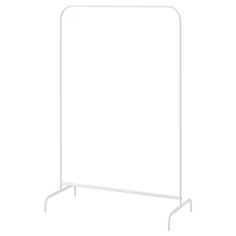 a white metal garment rack on a white background