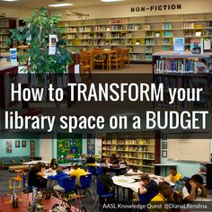 the library with children sitting at their desks in front of bookshelves and an open bookcase