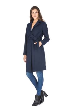 This elegant long length peacoat is made of a high quality, soft wool blend. The on trend long length makes this a great style you can dress up or down. There is a matching tie belt at the waist that gives it a tailored look. Model's height: 5'11 weight: 130 lbs She is wearing a size small Materials: 35% wool, 45% polyester, 5% nylon, 15% other Stitches are used to maintain the shape of the coat during transit. Once threads are removed pockets are fully usable. Coats For Women Winter, Knee Length Sweater, Belted Robe, Belted Coat, Women Maxi, Winter Coats, Pea Coat, Soft Wool, Tie Belt