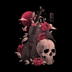 a skull with flowers and a violin