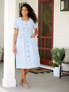 Nothing Keeps You Cooler Like Our Classic Seersucker Dress-In Fresh Stripes Casual Seersucker Dress With Short Sleeves, Casual Fitted Seersucker Dress, Seersucker Dress Outfit, Seersucker Skirt, Vermont Country Store, Watercolor Dress, Denim Jumper, Beautiful Summer Dresses, Seersucker Dress