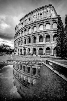 the roman colossion in black and white, with water reflecting on the ground