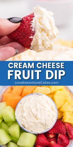 a plate with fruit and cream cheese dip on it