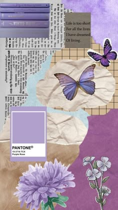 a collage with flowers and butterflies on it's side, in shades of purple