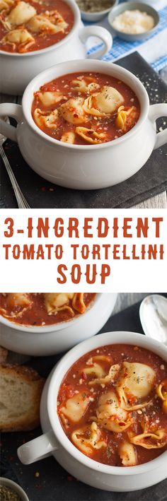 three white bowls filled with tomato tortellini soup