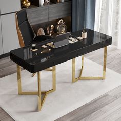 a black and gold desk in front of a fireplace