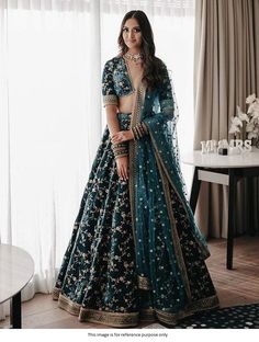 Bollywood Replica LehengaBollywood Sabyasachi Inspired silk Velvet Teal wedding lehengaSkirt:- Pure Velvet Material Semi Stitch 42  size with Cancan Embroidery Work.Flair 4 Meter With CancanBlouse:- Pure Velvet  Material 1-meter Unstitch with Embroidery Work Duptta:-  Net Material With Sequnce Butti Work With Lace 2.5 meter,Work :- Sequence EmbroideryStitching is required. The product comes as semi-stitched.Shipping time 5-7 days .Buy this GoldenLehenga at Kollybollyethnics a Lehenga Choli Designs, Bridal Lehenga Designs, Reception Outfit, Sabyasachi Lehenga, Lehenga Choli Wedding, Indian Outfits Lehenga, Nikkah Dress, Wedding Lehenga Designs, Green Lehenga