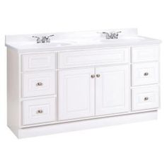 a white double sink vanity with two faucets