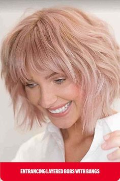 Neck-length Layered Soft Pink Shaggy Bob with Messy Fringe Textured Bob Hairstyles, Messy Fringe, Short Hair Dos, Kids Bob, Mama Hair, Shaggy Bob Hairstyles