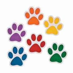 colorful paw print stickers on a white background with an orange, yellow, blue, and green paw print