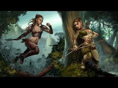 two women are in the woods with arrows and one woman is holding a bow, while another