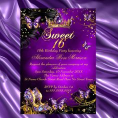 Sweet 16th birthday sweet sixteen purple Gold Black Butterfly Tiara High heel Shoes Elegant purple Gold & Black Invitation. Pretty gold sparkle butterflies and jewels. Please note: All flat images! They do not have real jewels. #ad Butterfly 40th Birthday Party, Butterfly Sweet 16, Purple Sweet 16, Butterfly Invitation, Sweet 16th Birthday, Butterfly Birthday Theme, Sweet 16 Outfits, Birthday Purple, Butterfly Invitations