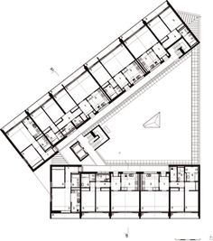 the floor plan for an office building with multiple floors and two levels, all in black and white