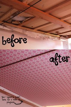 before and after photos of an unfinished garage ceiling