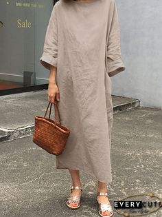 Solid Long Sleeve Round Neck Casual Cotton Maxi Dress Shopping Online - ChicAggo Oversized Solid Color Casual Dress, Casual Oversized Solid Color Dress, Oversized Solid Casual Dress, Solid Color Midi Beach Dress For Fall, Oversized Solid Color Casual Midi Dress, Oversized Solid Color Midi Dress In Casual Style, Casual Oversized Solid Color Midi Dress, Oversized Solid Color Midi Dress, Casual Oversized Midi Dress For Day Out