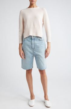 A low-rise waist and longline silhouette define nonstretch denim shorts crafted from organic cotton with a logo-embossed back patch. 8 1/2" inseam; 22" leg opening; 15" front rise; 16 1/2" back rise (size 29) Zip fly with button closure Front slant pockets; back patch pockets 100% organic cotton Machine wash, dry flat Made in Italy Designer Clothing This brand has B Corp certification, representing business practices with emphasis on social and environmental performance, accountability and trans Classic Jean Shorts With Five Pockets, Classic Five Pocket Jean Shorts, Classic Five Pockets Short Length Shorts, Classic Shorts With Five Pockets, Classic Straight Leg Shorts With Five Pockets, Light Wash Shorts With Five Pockets, Spring Jean Shorts In Rigid Denim, Spring Rigid Denim Jean Shorts, Relaxed Fit Rigid Denim Shorts