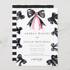 an elegant black and white wedding card with pink ribbon on the front, featuring bows