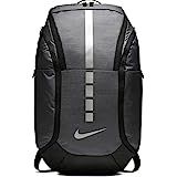 the nike backpack is black and grey with white stripes on it's front pocket