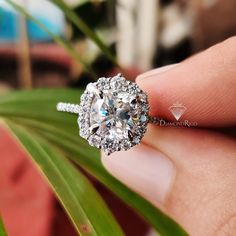 a woman's hand holding a diamond ring on top of a leafy plant