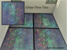 glitter floor tiles are shown in four different colors and sizes, with the words glitter floor tiles