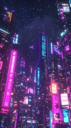 a futuristic city at night with neon lights