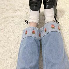 Strawberry Pants, Aesthetic Clothing Stores, Style Kawaii, Cottagecore Fashion, Ankle Length Jeans, Girls Denim, Embroidered Jeans