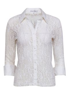 Current Boutique-Anne Fontaine - White Embroidered Lace Sheer Button Down Shirt Sz M Elegant White Lace Work Tops, Elegant White Tops With Lace Sleeves, Elegant Fitted Embroidered Shirt, Lace Button-up Blouse With Lace Cuffs, Classic White Top With Lace Sleeves, Classic Lace Tops With Lace Sleeves, Elegant Summer Blouse With Delicate Lace, Elegant Fitted Shirt With Lace Trim, Classic White Lace Tops