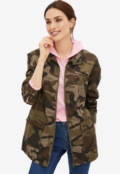 March into the weekend with this ever-cool camo utility jacket. This season-transitioning style pairs well with everything from denim to dresses. Stand Scandinavian Lifestyle, 10 March, Camo Outfits, Womens Camo, Plus Size Coats, Woman Within, Wool Blend Coat, Swimsuits For All, New Tops