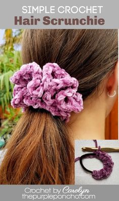 a crochet hair scrunchie is shown with the words, simple croche