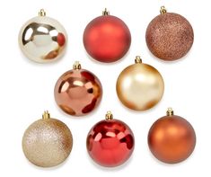 six different colored christmas ornaments in gold, silver and red colors on a white background