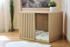 a wooden cabinet with a plant in it on top of a hard wood floor next to a white rug